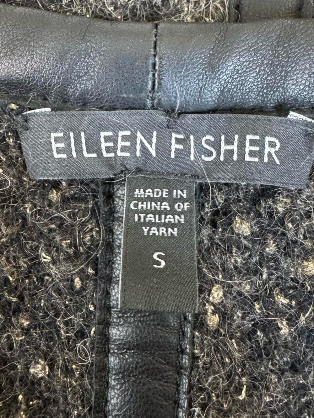 Eileen Fisher Cardigan Sweater Leather Trim Open Front Mohair Blend Womens Small - Picture 3 of 14